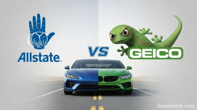 Allstate vs Geico logos and cars facing off in a comparison image.