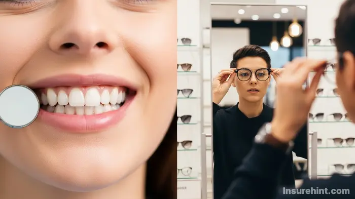 Split image showing dental care and a person choosing eyeglasses, representing Aetna's ancillary benefits.