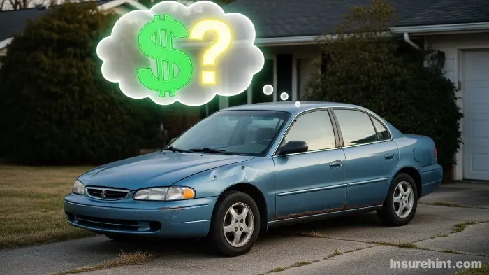 An old car with a question mark over it, symbolizing the decision to drop comprehensive coverage.