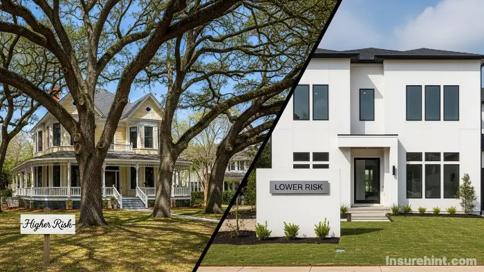 A comparison of a high-risk older home with trees and a low-risk newer home for sewer line issues.