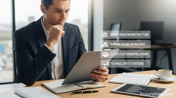A business owner assessing their commercial property and general liability insurance risks with a checklist.
