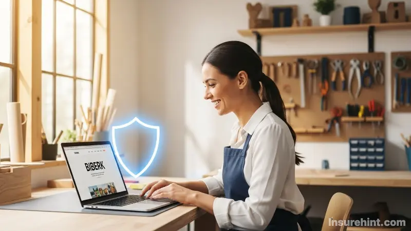 A small business owner researching a Biberk insurance review on a laptop.