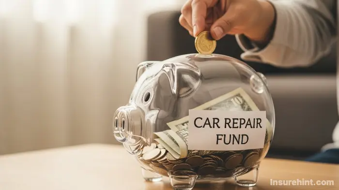 A person putting a coin into a piggy bank labeled "Car Repair Fund" to save for unexpected expenses.