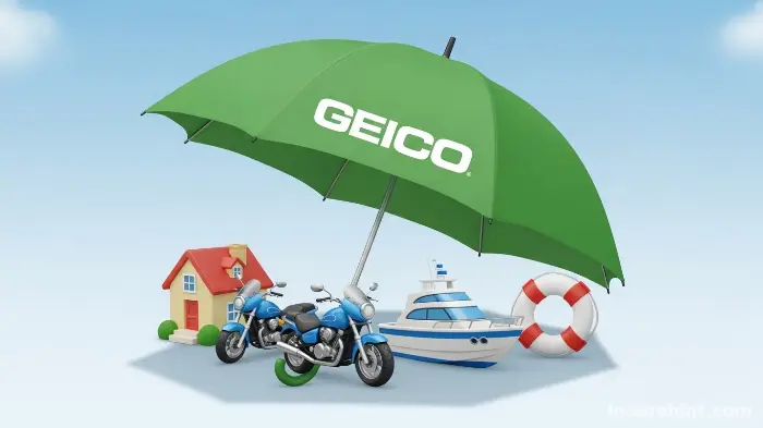 Icons for home, motorcycle, and boat insurance under a Geico umbrella, representing bundling.