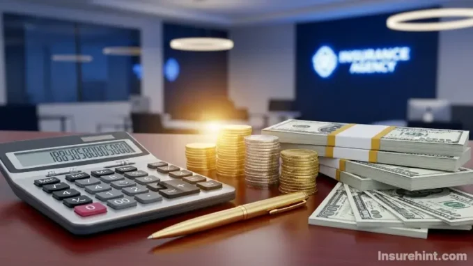 A calculator and money on a desk, representing how much insurance agencies make.