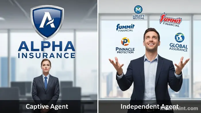 A comparison of a captive agent working for one brand versus an independent agent representing many.