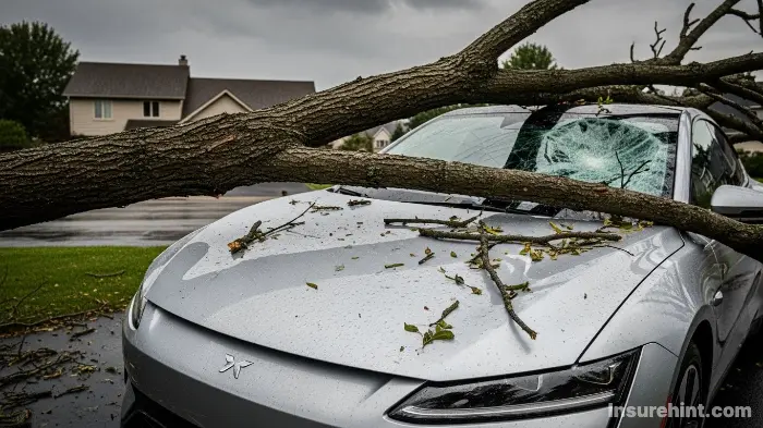 A car's hood dented by a fallen tree branch, an example of damage covered by comprehensive insurance.