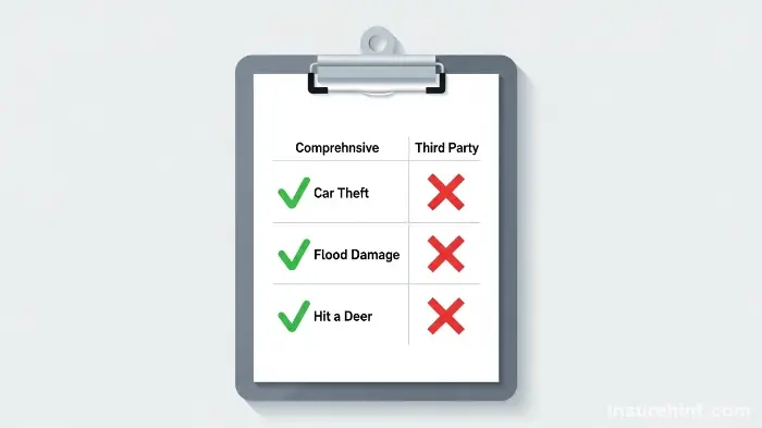 A graphic checklist showing that comprehensive insurance covers theft and animal collisions, while third-party does not.