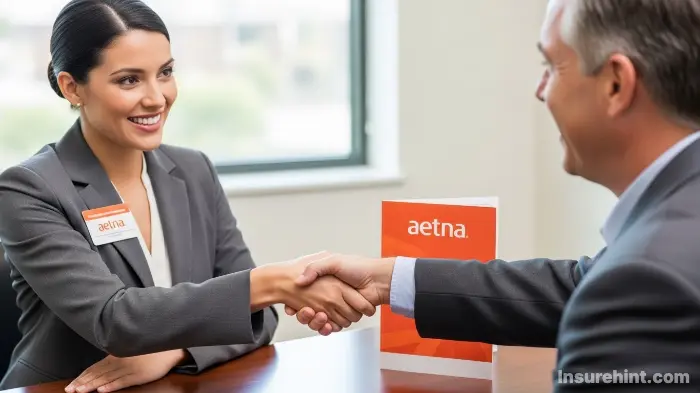 A satisfied client shakes hands with an Aetna insurance agent after choosing a plan.