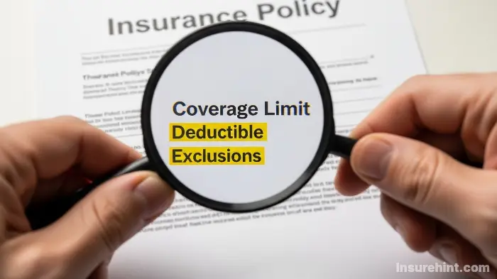 A person carefully reading the fine print of a commercial property insurance policy with a magnifying glass.