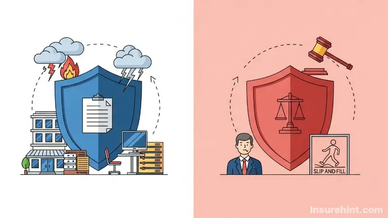 A split image showing the difference between commercial property insurance protecting a building and general liability insurance protecting from lawsuits.