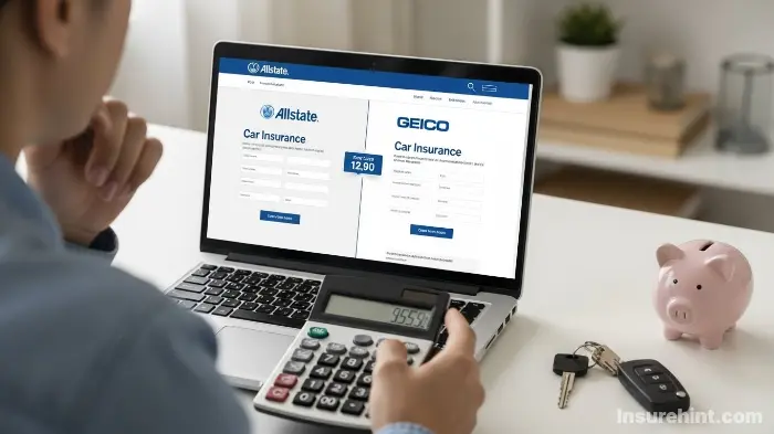 A driver comparing an Allstate insurance quote with a Geico auto insurance quote online.