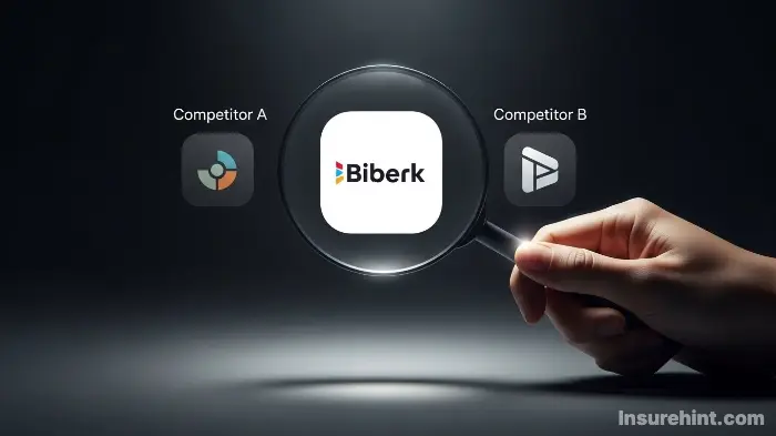 A magnifying glass comparing the Biberk insurance logo with its competitors.