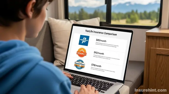 A person on a laptop comparing different campervan insurance quotes online.