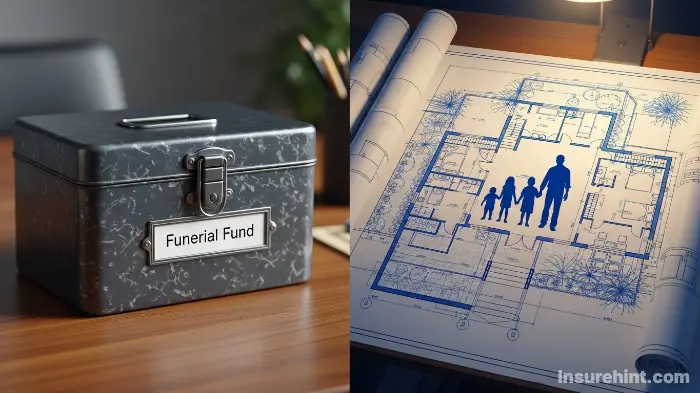 A split image comparing a small lockbox for funeral insurance with a large blueprint for traditional life insurance.