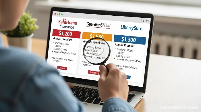 A person comparing the cheapest homeowners insurance quotes on a laptop.