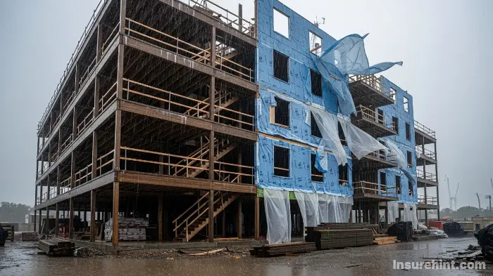 A building under construction getting soaked by rain, a risk covered by builders risk insurance.
