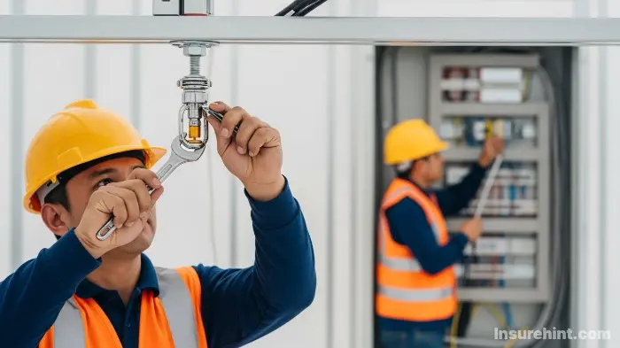 A worker installing a fire sprinkler system during a rebuild, showing increased construction costs.