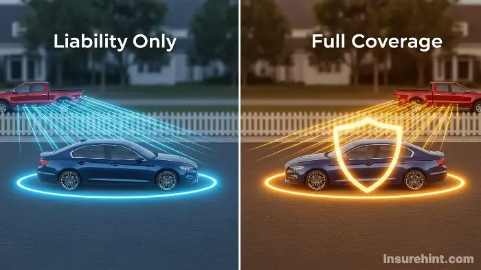 A visual comparison of liability-only vs. full coverage car insurance.