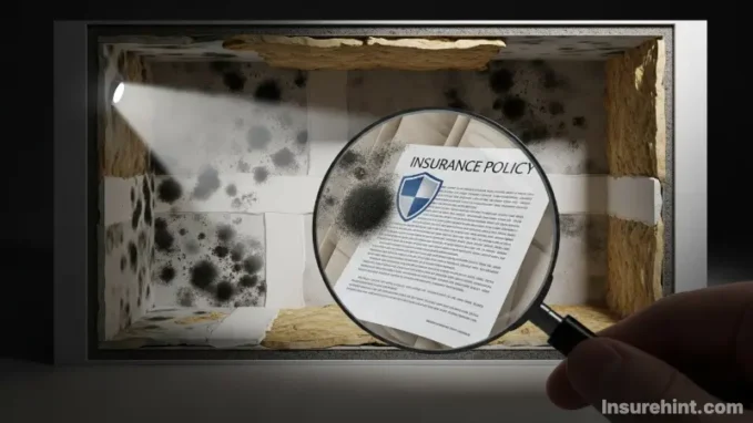 A conceptual image asking does homeowners insurance cover mold with a magnifying glass over a moldy wall.