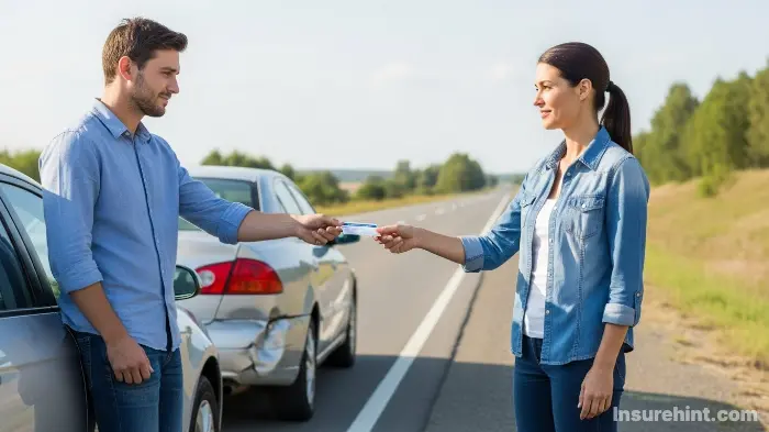 A driver taking responsibility by providing their third party liability insurance details after a car accident.