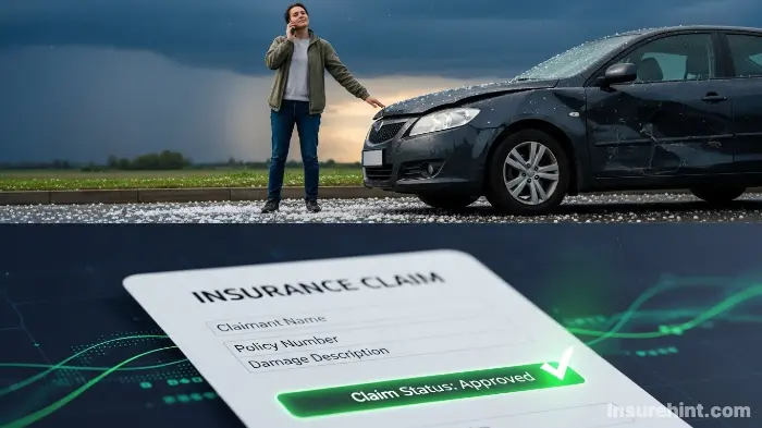A driver making a comprehensive insurance claim by phone, illustrating the claims process.