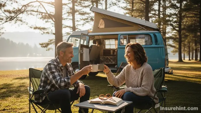 A couple enjoying coffee outside their insured campervan, representing peace of mind.
