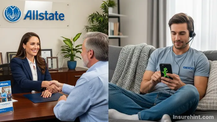 A comparison of Allstate's in-person agent service versus Geico's digital customer service.