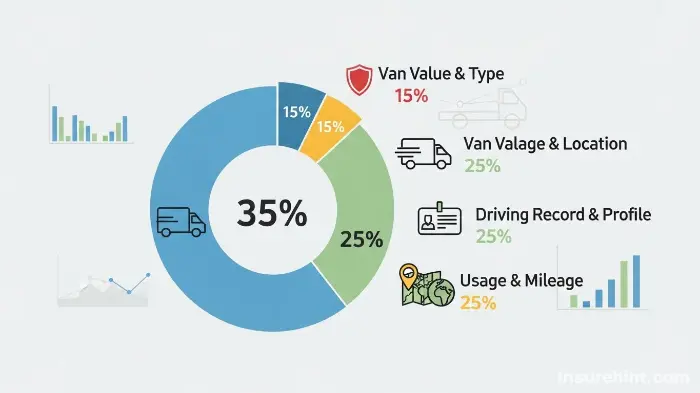 A pie chart showing the key factors that determine campervan insurance costs.