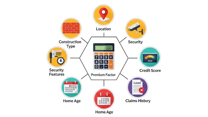 An infographic showing the key factors that influence the cost of a home insurance premium.