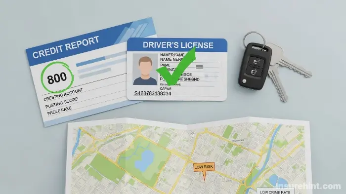 A visual of key factors that genuinely lower car insurance premiums, such as a good driving record and credit score.