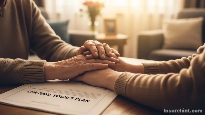 A family's hands clasped over a final expense insurance plan document, representing love and preparation.