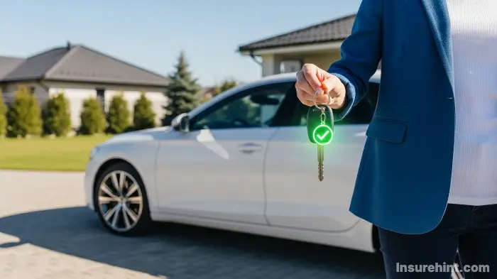 A confident driver holding a key with a checkmark, having secured a great car insurance policy.