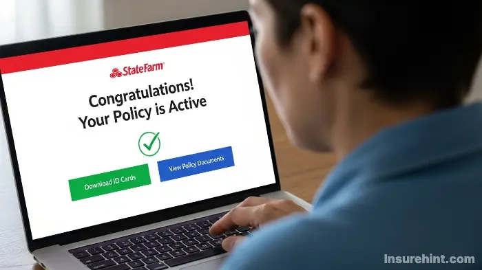 A laptop screen confirming the successful purchase of a State Farm auto insurance policy.