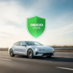 A modern car protected by a Geico Auto Insurance shield, representing the 2025 review.