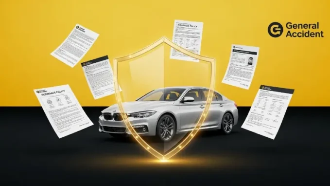 General Accident Comprehensive Cover policy protection concept with car and shield.