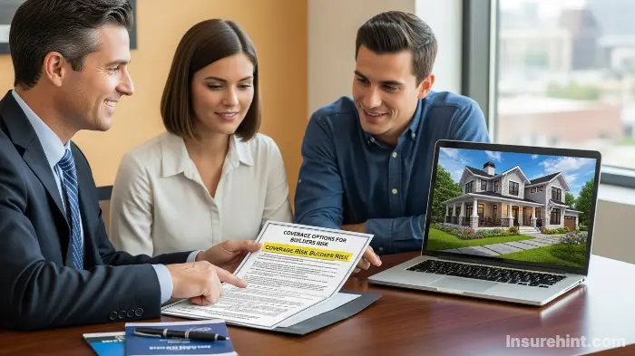 A couple getting a builders risk insurance quote from an agent for their new home.