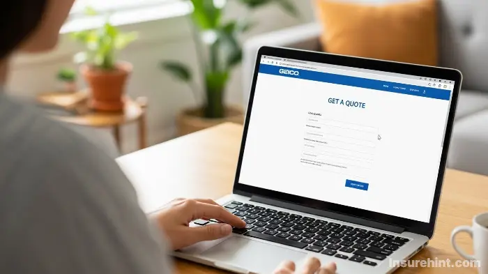 A person getting a Geico quote for car insurance on their laptop.