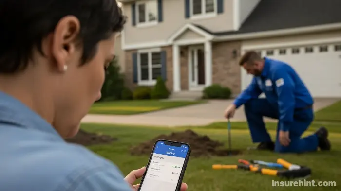 A homeowner making an urgent phone call to their insurance company about a sewer line problem.