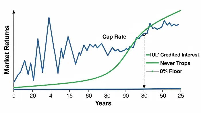 Graph showing how an IUL's cap and floor protect against market losses while limiting gains.