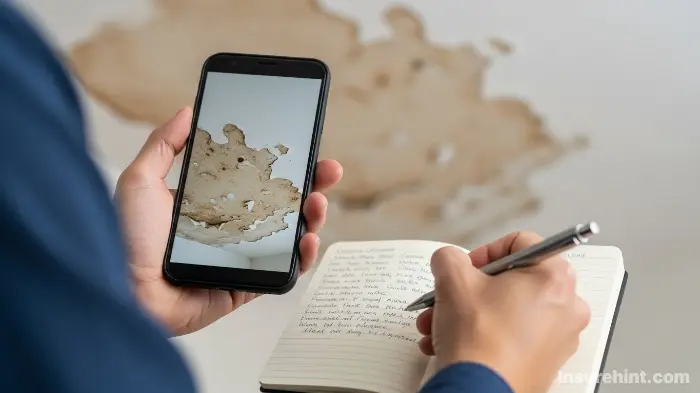 A person documenting damage with a smartphone and notepad to file a home insurance claim.