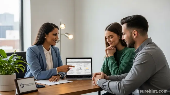An independent insurance agent helping a couple find the best and most affordable car insurance policy.