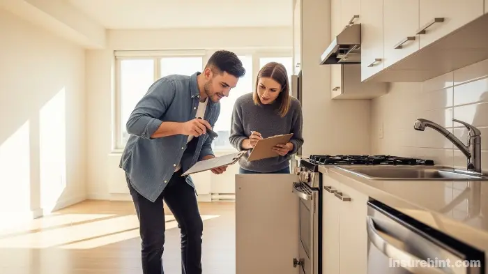 A couple inspecting a new apartment for signs of pests before they sign the lease.
