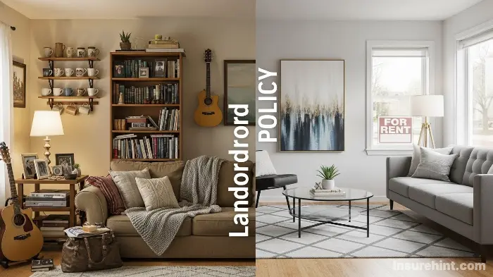 A split image showing the difference between a homeowner's policy and a landlord policy for a rental home.