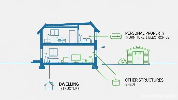 Infographic detailing homeowners insurance coverage for dwelling, other structures, and personal property.