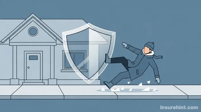 An icon of a shield protecting a homeowner from a lawsuit after a person slips and falls, showing liability protection.