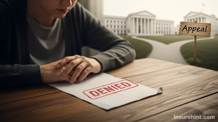 A person looking at a denied life insurance claim with options to appeal or seek legal counsel.