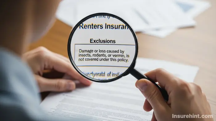 Close-up of a renters insurance policy's pest exclusion clause under a magnifying glass.