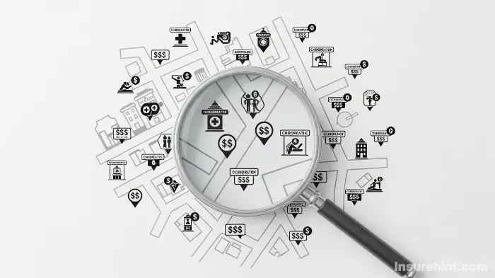 A graphic representing the search for how much is a chiropractor visit in different locations.