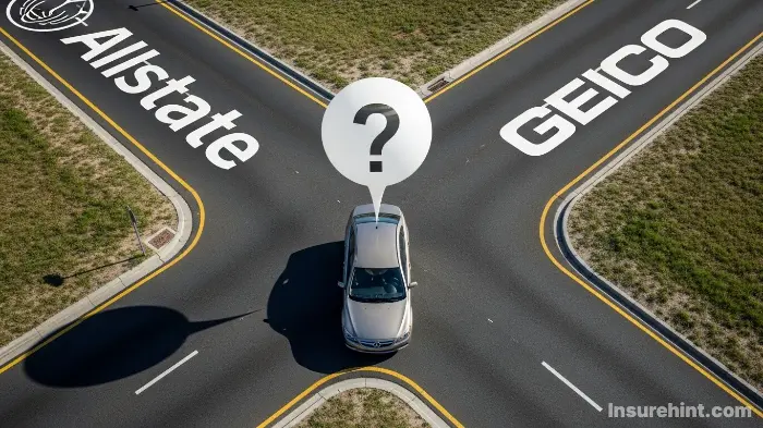 A car at a crossroads labeled Allstate and Geico, symbolizing the choice between the two insurers.